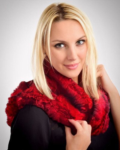 Hooded Scarf Shawl made of natural rex rabbit fur, red