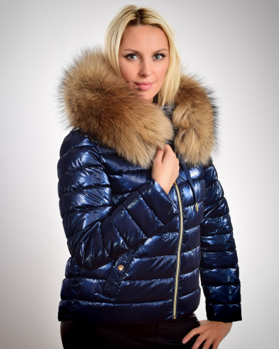 Women's short jacket with hood with raccoon fur, navy blue