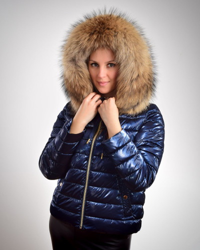 Women's short jacket with hood with raccoon fur, navy blue