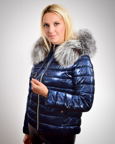 Women's short jacket with hood with fox fur, navy blue