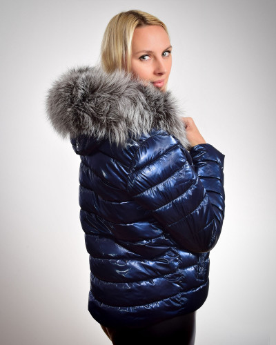 Women's short jacket with hood with fox fur, navy blue