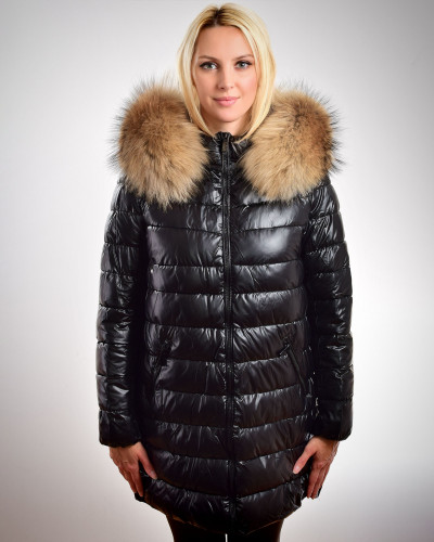 Women's long jacket with hood with raccoon fur, black
