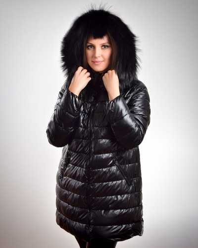 Women's long jacket with hood with raccoon fur, black