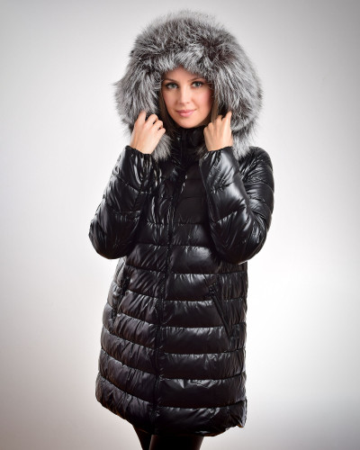 Women's long jacket with hood with fox fur, black