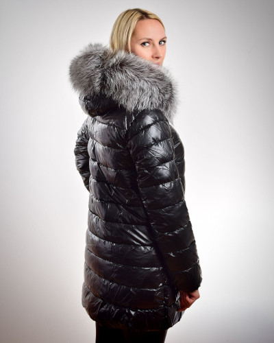 Women's long jacket with hood with fox fur, black