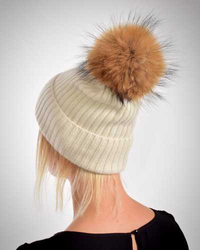 Australian merino wool hat with a raccoon fur pompom, cream