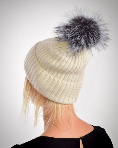 Australian merino wool hat with a fox fur pompom, cream