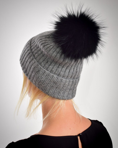 Australian merino wool hat with a raccoon fur pompom, gray