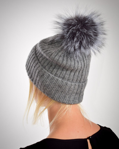 Australian merino wool hat with a fox fur pompom, gray