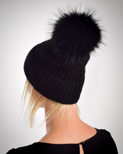 Australian merino wool hat with a raccoon fur pompom, black