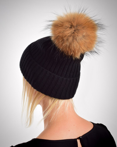 Australian merino wool hat with a raccoon fur pompom, black
