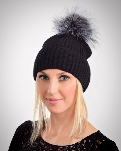 Australian merino wool hat with a fox fur pompom, black