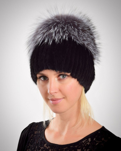 Women's black mink fur hat with a fox pompom, silver