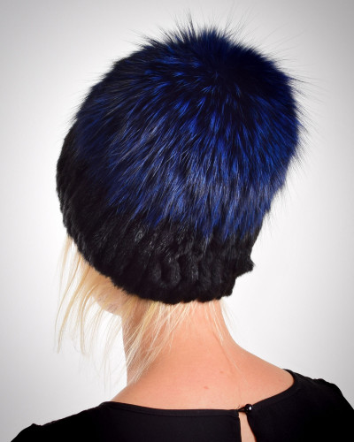 Women's black mink fur hat with a fox pompom, blue
