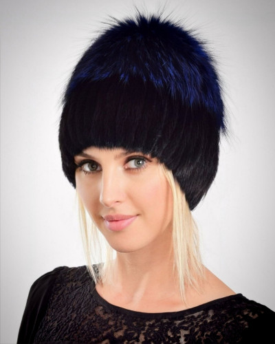 Women's black mink fur hat with a fox pompom, blue