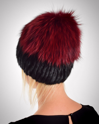 Women's black mink fur hat with a fox pompom, red