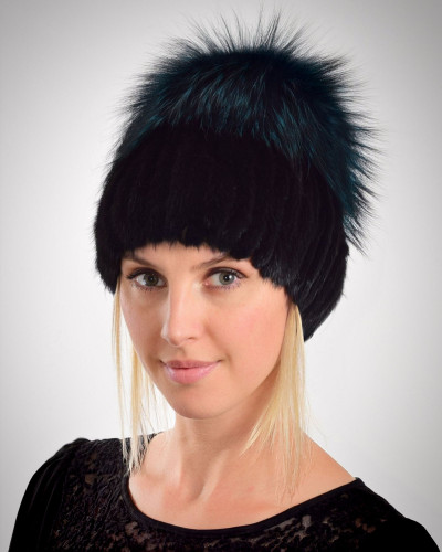 Women's black mink fur hat with a fox pompom, green