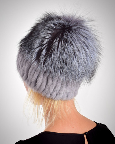 Women's gray mink fur hat with a fox pompom, silver