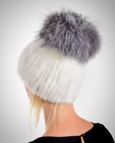 Women's white mink fur hat with a fox pompom, silver
