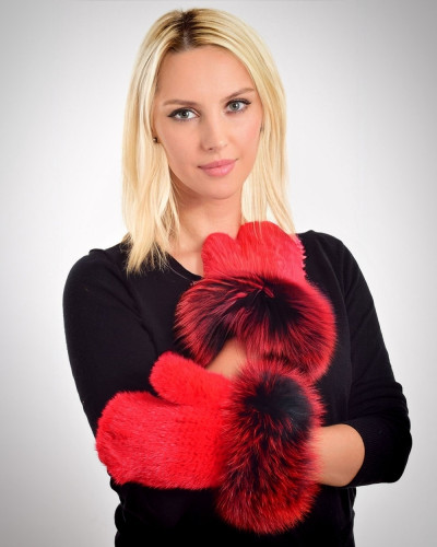 Real mink fur gloves, red