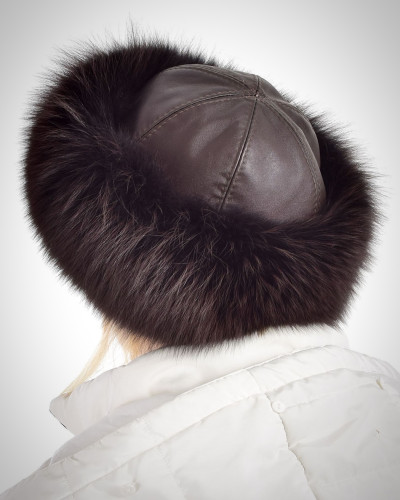Brown Fox Fur Roller Hat with leather Top