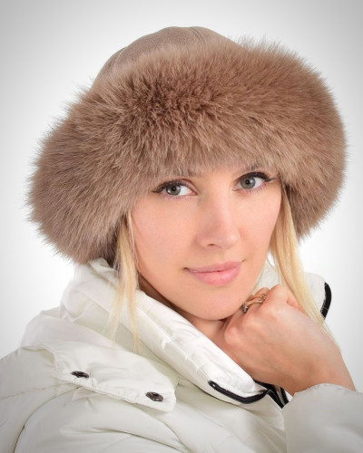 Beige Fox Fur Roller Hat with Sheepskin Top