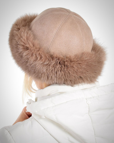 Beige Fox Fur Roller Hat with Sheepskin Top