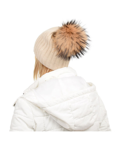 Beige Wool Hat with Raccoon Fur Pom Pom TILIA