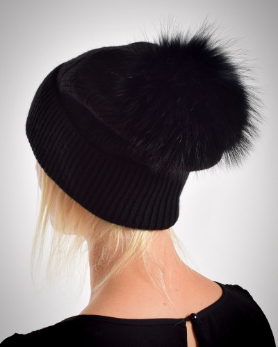Woolen cashmere hat with raccoon fur pompom, black