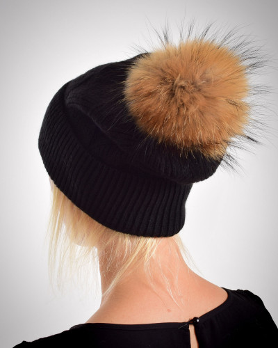 Woolen cashmere hat with raccoon fur pompom, black