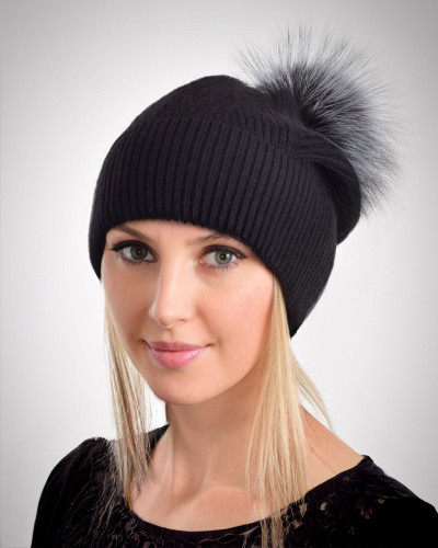 Woolen cashmere hat with fox fur pompom, black