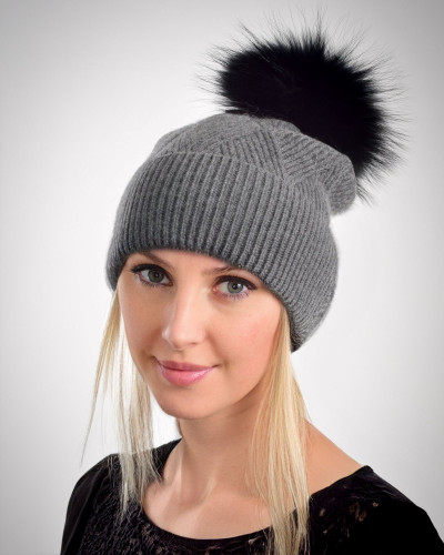 Woolen cashmere hat with raccoon fur pompom, dark grey