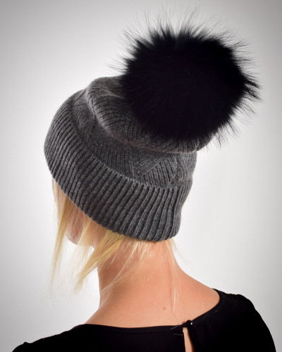 Woolen cashmere hat with raccoon fur pompom, dark grey
