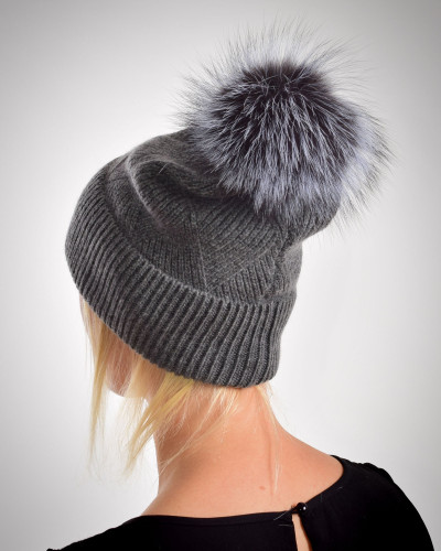 Woolen cashmere hat with fox fur pompom, dark grey