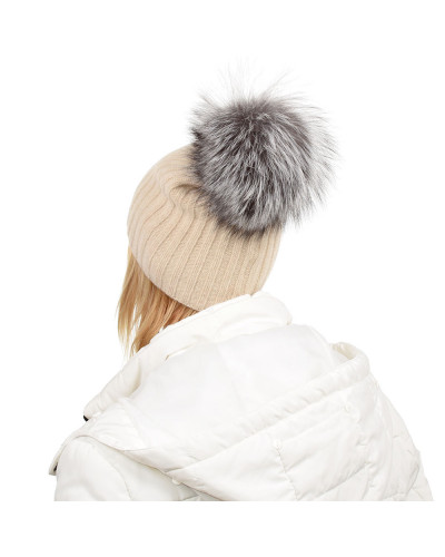 Beige Wool Hat with Silver Fox Fur Pom Pom TILIA