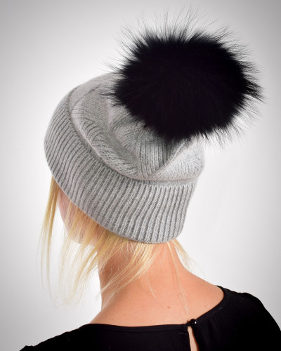 Woolen cashmere hat with raccoon fur pompom, light grey