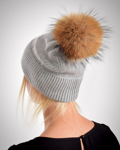Woolen cashmere hat with raccoon fur pompom, light grey