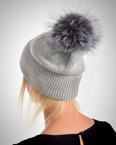 Woolen cashmere hat with fox fur pompom, light grey