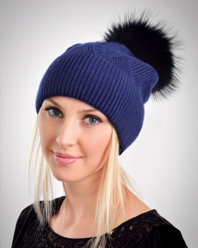 Woolen cashmere hat with raccoon fur pompom, navy blue