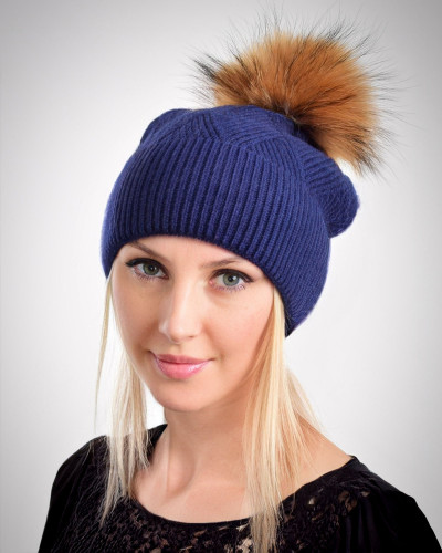 Woolen cashmere hat with raccoon fur pompom, navy blue