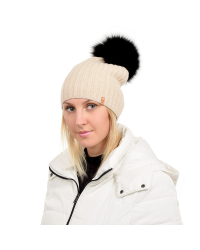 Beige Wool Hat with Black Fox Fur Pom Pom TILIA