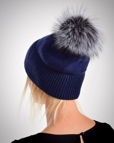 Woolen cashmere hat with fox fur pompom, navy blue