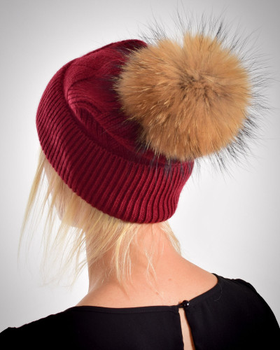 Woolen cashmere hat with raccoon fur pompom, maroon