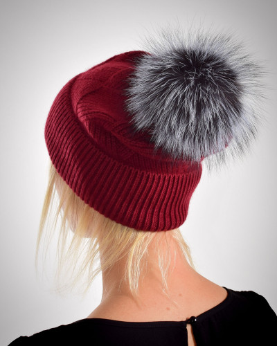 Woolen cashmere hat with fox fur pompom, maroon