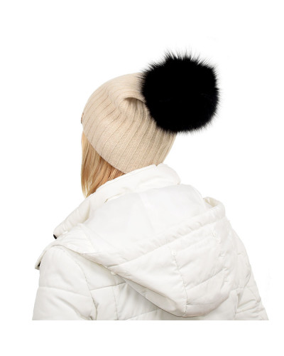 Beige Wool Hat with Black Fox Fur Pom Pom TILIA