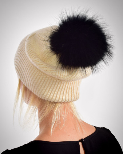 Woolen cashmere hat with raccoon fur pompom, cream
