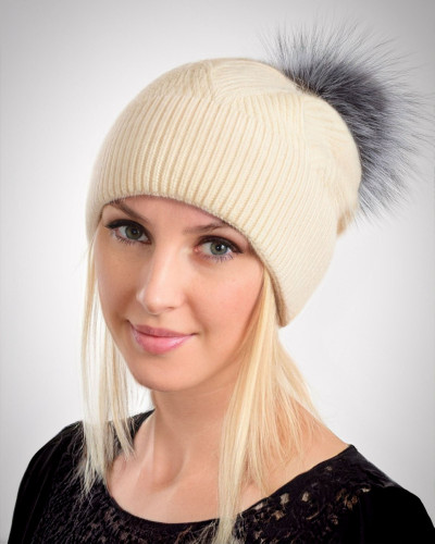 Woolen cashmere hat with fox fur pompom, cream