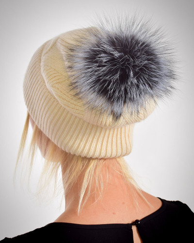 Woolen cashmere hat with fox fur pompom, cream