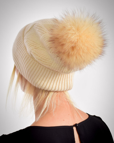 Woolen cashmere hat with raccoon fur pompom, cream