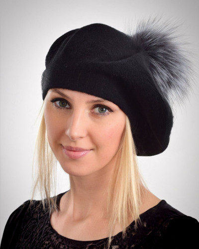 Women's woolen beret with fox fur pompom, black